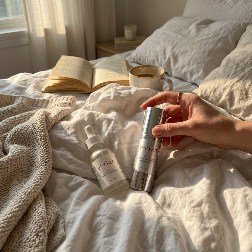 Hand holding a skincare product on a bed with books and a cup of coffee.